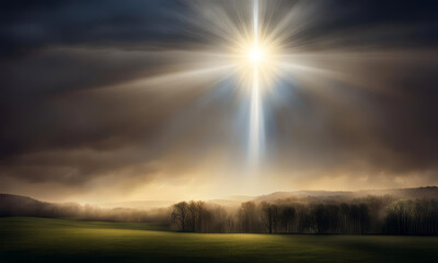 Foggy landscape with sunbeams in the sky and trees