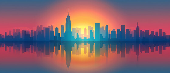 City skyline at sunset, vibrant colors, flat design illustration