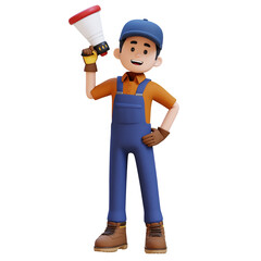 3D Construction Worker Character Holding Megaphone