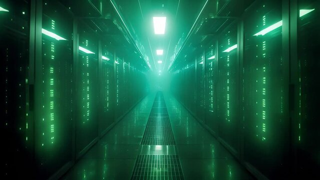 Data center. Abstract digital warehouse. Server room of clouds computing technology. Server farm communication with internet. Network connection and information exchange lights glow in the dark	