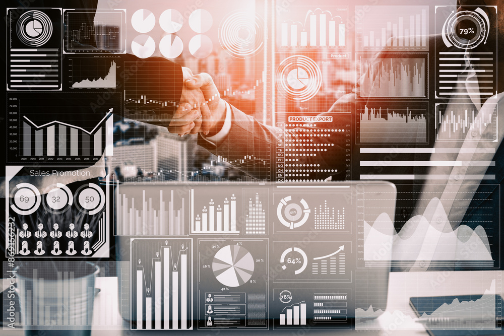 Poster big data technology for business finance analytic concept. modern interface shows massive informatio