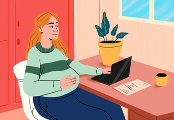 Freelancer pregnant woman working on laptop and sitting near desk at home