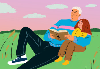 Grandfather storytelling granddaughter and lying on agricultural field during sunset