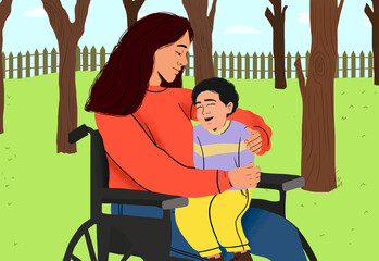Mother with physical disability sitting on wheelchair with son in garden