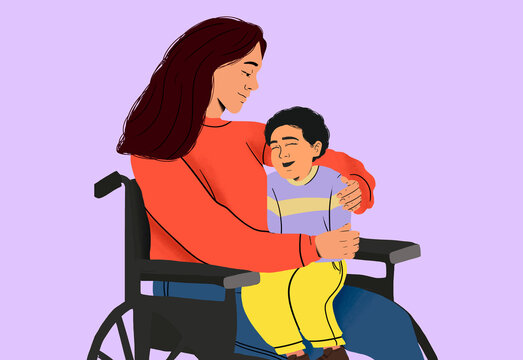 Mother with physical disability sitting on wheelchair with son against purple background