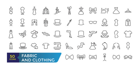 Fabric and Clothing icon set. Such as textile, wool, fur, corduroy, cotton, and more. Collection and pack of linear web and ui icons. Editable stroke. Vector illustration