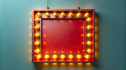 Hanging retro square sign or retro billboard display box or blank red signboard frame with glowing yellow neon light bulbs isolated on dark white wall background with shadow 3D rendering