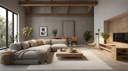 Fototapeta premium Modern bare concrete living room, simple design with sofas and wooden furniture.