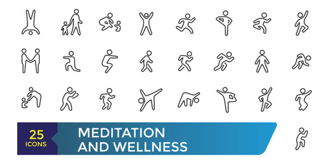 Meditation and Wellness Related Line Icons set. Contains such Icons as Mindfulness, Balance, Group Meditation Session and more. Collection and pack of linear web icons. Editable stroke.