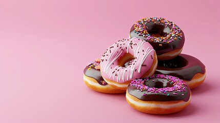 A group of donuts with pink and chocolate icing on a pink background.