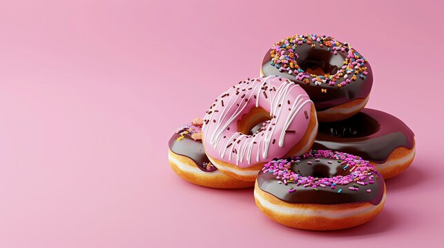 A group of donuts with pink and chocolate icing on a pink background.