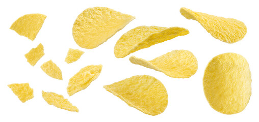 set of crispy potato chips isolated on a white background.