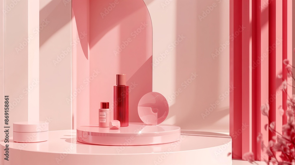 Poster minimalist 3d display in pink and red, featuring clean lines and modern design for enhanced visual a