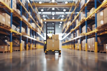 Warehouse with pallet at center and high shelves