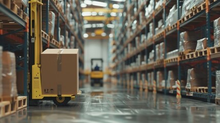 Warehouse forklift lifting a large box between shelves.