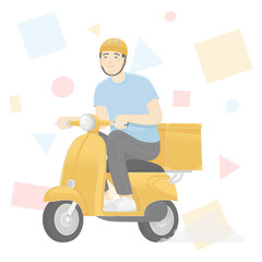 Fast delivery. Happy courier rides a scooter and carries package. Delivery service. Vector illustration