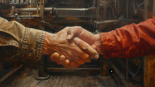 Handshaking in a WorkshopTwo individuals shaking hands in an industrial workshop, symbolizing agreement, teamwork, and collaboration.workshop 