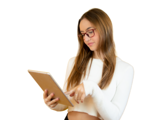 Portrait of a young girl standing holding a tablet isolated over transparent background.