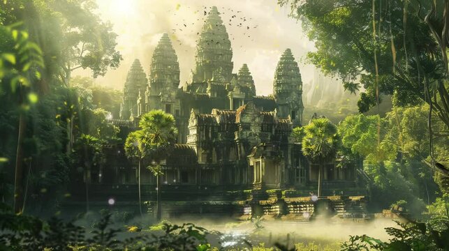 sunset in the forest and in the tample. Virtual 4K video animation background with looping time lapse with very smooth graphics.