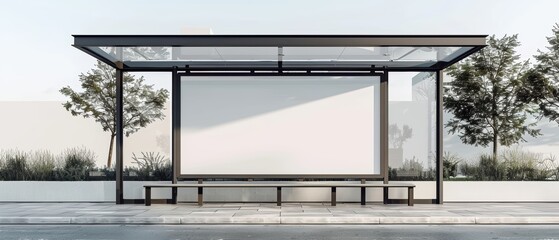 Modern City Bus Stop with Blank Billboard and Clean Glass Design