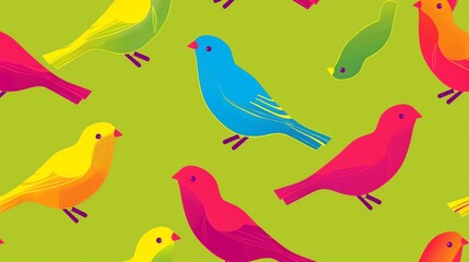 Obraz premium A seamless pattern of colorful birds on a green background.