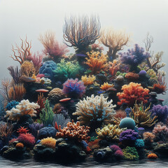 Obraz premium Colorful Coral Reef Branches Growing on Sea Stone – Isolated Underwater Scene