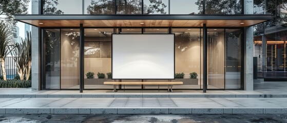 Modern City Bus Stop with Blank Billboard and Minimalist Design, Urban Elements Background