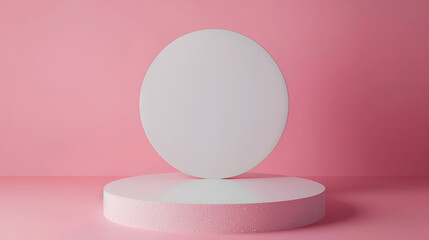 Pink tropical flowers background abstract, round podium geometry with gold elements. Abstract geometric shape blank podium,Sleek product display with podium on geometric background