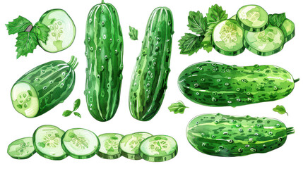 Fresh cucumbers and slices, perfect for healthy recipes and summer salads. Crisp, green, and organic vegetable illustration.