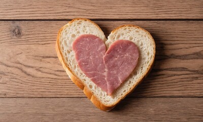 Heart shaped ham sandwich on wood table