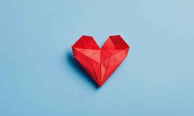 Red origami heart on blue background