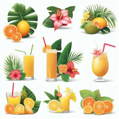 イラストセット しぼりたてフルーツジュースと夏らしい南国の植物