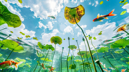 Submerged lily pads with colorful fish beneath water