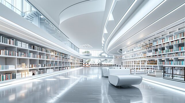 Modern library interior in city. Public education space with book shelves, knowledge and information