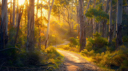 Fototapeta premium Serene footpath winding through a dense eucalyptus forest, with golden sunset sunbeams filtering through the tall trees, casting a warm and magical glow on the path. 