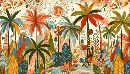 Ilustración exótica de lujo tropical, Hojas de plátano de colores pastel, palma, Vintage, dibujado a mano, palmeras, jungla, wallpaper, papel mural, papel pintado, decoración de interiores