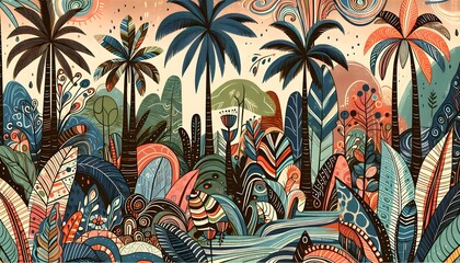 Ilustración exótica de lujo tropical, Hojas de plátano de colores pastel, palma, Vintage, dibujado a mano, palmeras, jungla, wallpaper, papel mural, papel pintado, decoración de interiores
