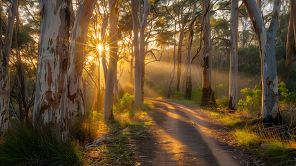Obraz premium Serene footpath winding through a dense eucalyptus forest, with golden sunset sunbeams filtering through the tall trees, casting a warm and magical glow on the path. 