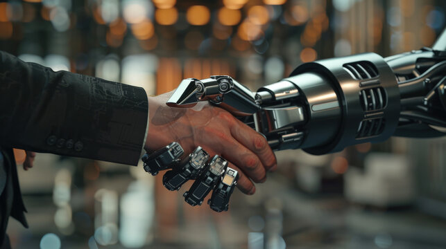 Handshake of Human and Robot Marks Unity at Dusk