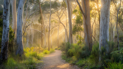 Obraz premium Serene footpath winding through a dense eucalyptus forest, with golden sunset sunbeams filtering through the tall trees, casting a warm and magical glow on the path. 
