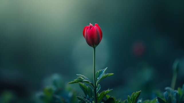 A single red tulip stands tall against a blurred green background, bathed in soft light.