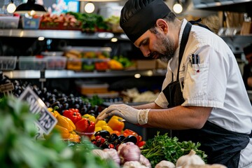 Obraz premium Professional Photography of Chef Shopping for Ingredients, showing the chef selecting fresh and quality ingredients for cooking, Generative AI