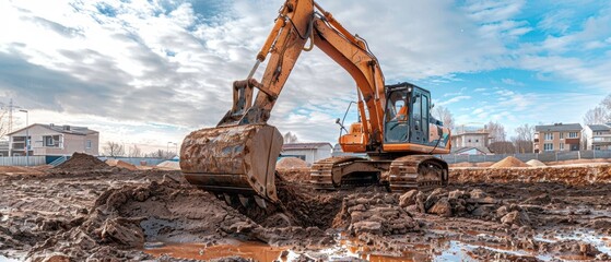 Fototapeta premium Excavator in Action: Digging at Construction Site with Piles of Dirt