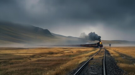 A steam train chugs through a misty, desolate landscape.  The train's smoke and the surrounding fog create a sense of mystery and adventure.