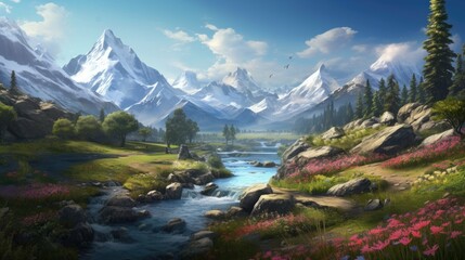 Fototapeta premium A beautiful landscape with snow-capped mountains, a river, and a meadow full of flowers. The sky is blue and the sun is shining.
