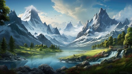 Fototapeta premium The image is of a beautiful mountain landscape. There is a lake in the foreground, with a small waterfall on the right side.