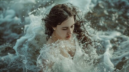 A woman with long dark hair is submerged in crashing waves, her eyes closed. The water splashes around her, creating a sense of motion and energy.