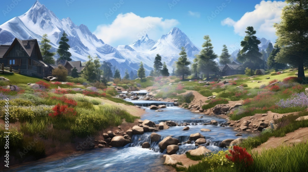 Poster a beautiful landscape with a river running through the middle. there are mountains in the background