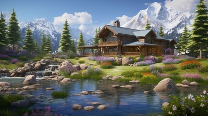 A beautiful mountain landscape with a log cabin, river and flowers. The cabin is nestled in the mountains and surrounded by lush greenery.