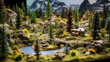 A beautiful model landscape with a house, trees, and a river. The model is very detailed and realistic, and it looks like a real-life scene.